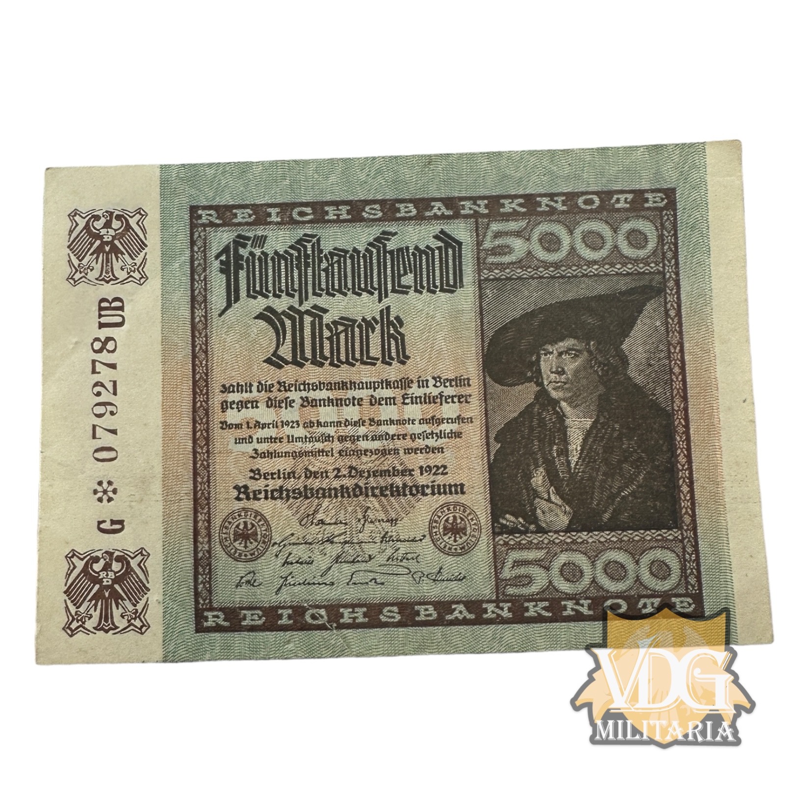 German Weimar Republic 1922 5000 Fünftausend Mark Reichsbanknote Paper  Currency Note